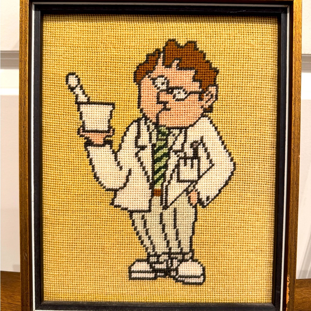 VINTAGE RETRO MID CENTURY MODERN HANDMADE NEEDLEPOINT DOCTOR IN FRAME